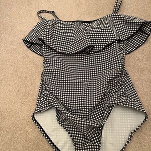 Navy checked ruffle top swimsuit- Target (Kona Sol)